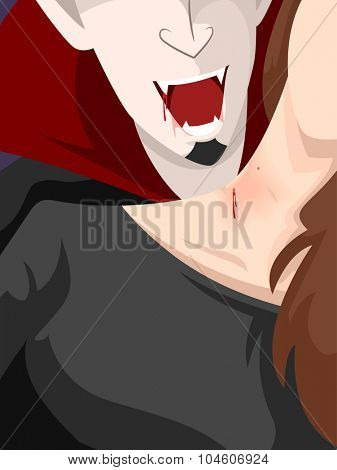 Halloween Illustration of a Vampire Biting the Neck of a Girl