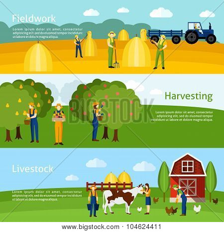 Farming 3 flat horizontal banners set