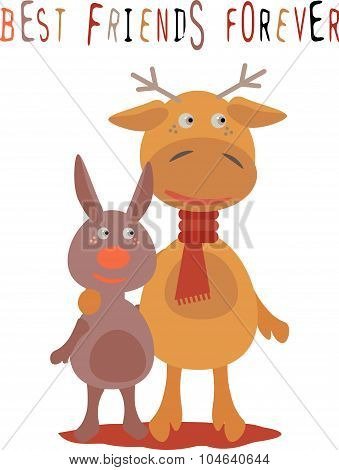 Greeting Card For Friend With Deer And Rabbit