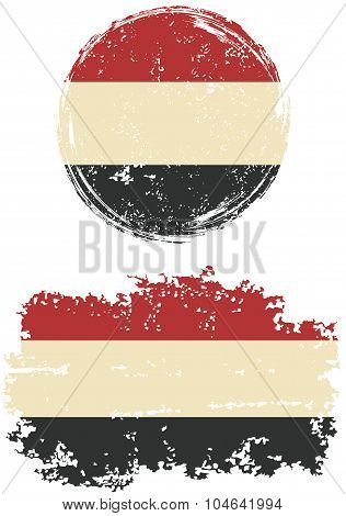 Yemeni round and square grunge flags. Vector illustration.
