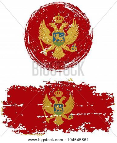Montenegrin round and square grunge flags. Vector illustration.