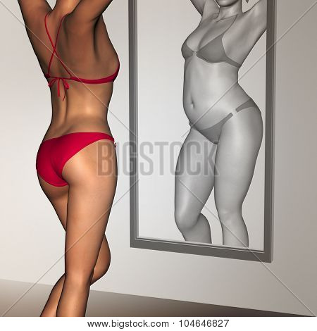 Concept or conceptual 3D woman, girl as fat, overweight vs fit healthy, skinny underweight anorexic female before and after diet over a mirror