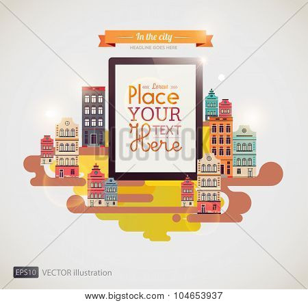 Tablet with retro city background.