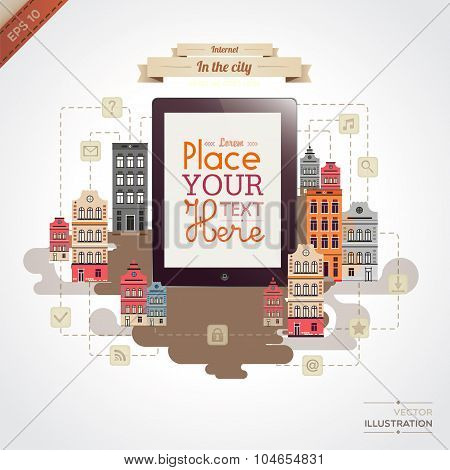Tablet with retro city background.