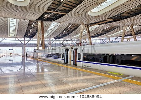 Beijing, China- May 23, 2015: High Speed Train At The Railways Station Of  Beijing. Speed Train Is
