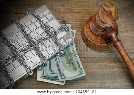 Cyber Crime Concept, Judges Gavel, Keyboard,  Chain On The Table