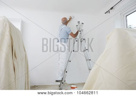 Man On Ladder Decorating Domestic Room With Paint Brush