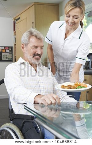 Carer Serving Meal To Man In Wheelchair At Home