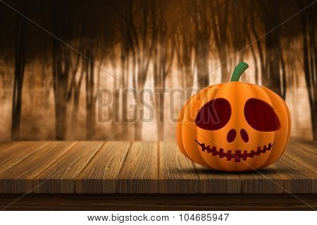 3D render of a Halloween pumpkin on a wooden table with a defocussed foggy forest in the background