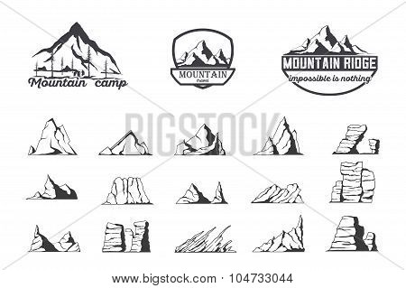 Mountain logo emblem set with type design. Stock vector.