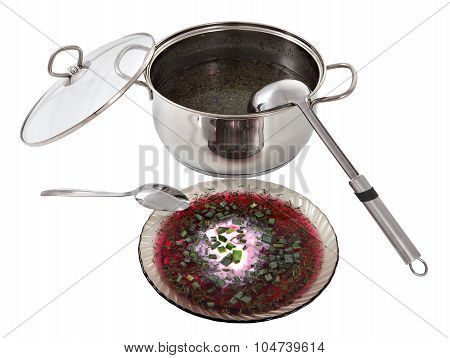Russian Cold Beet Borscht Decorated Sour Cream And Green Onions.