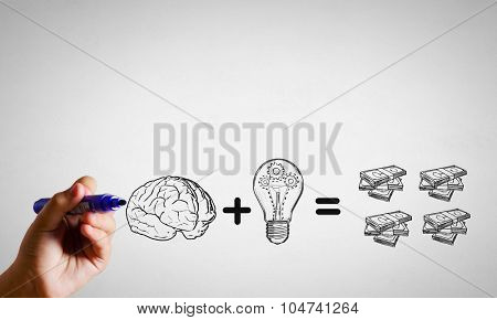 Close up of businessman drawing money making formula