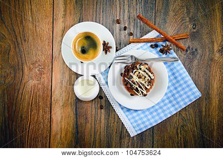Chocolate Nut Cake on Vintage Retro Woody Background