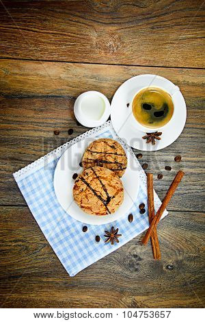 Coffee with Bakery on Woody Retro Background