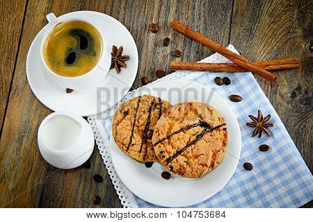 Coffee with Bakery on Woody Retro Background