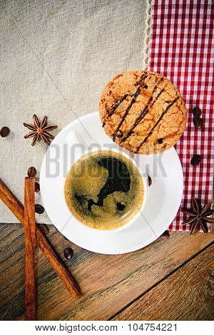 Coffee with Bakery on Woody Retro Background