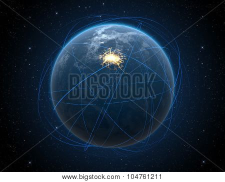 Planet With Illuminated City And Light Trails