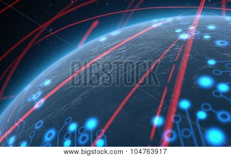 Planet With Illuminated Network And Light Trails