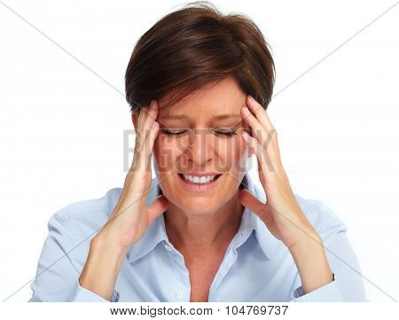Tired business woman with a headache migraine isolated white.