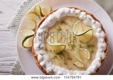 Key Lime Pie With Whipped Cream Close-up. Horizontal Top View