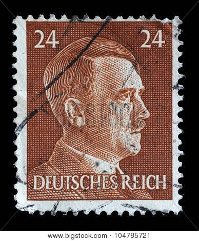 GERMAN REICH - CIRCA 1941: A stamp printed in Germany shows image of Adolf Hitler, series, 1941.
