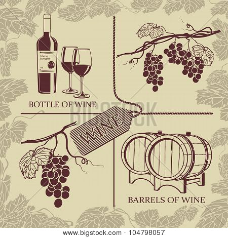 Set Symbols On The Theme Of Grapes, Red Wine And Winemaking