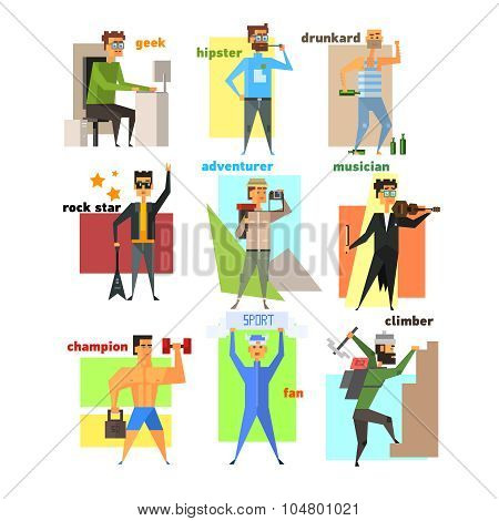 Men Lifestyle in Flat Style Vector Illustration Set