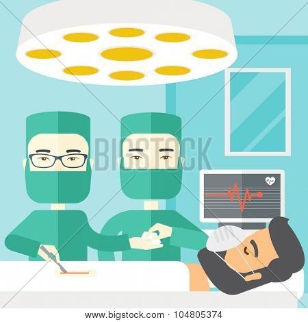 Two Asian surgeons working and looking over a lying patient in an operating room vector flat design illustration. Square layout.