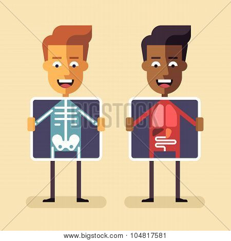 Men with xray screen showing their organs