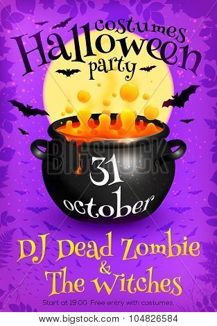 Bright purple Halloween party poster template with orange witches brew in cauldron, moon and bats