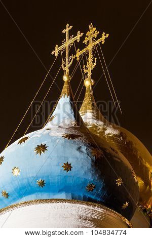 Domes And Crosses Of The Assumption Cathedral Of The Trinity Lavra Of St. Sergius At Night