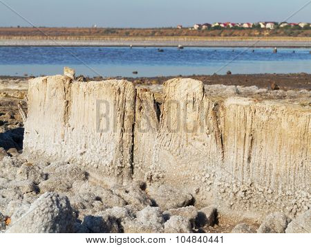Petrified Salt Acted On Wooden Boards In Dry Estuary, Selective Focus. Water Has Receded Far Into Th