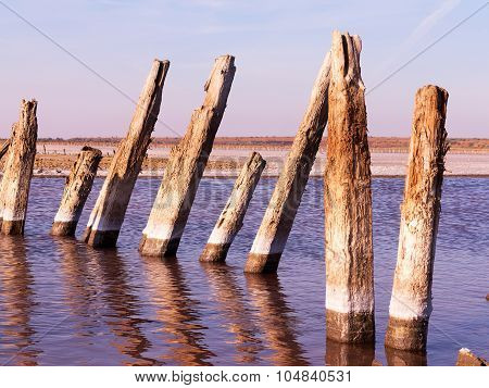 Petrified Salt Made Dry Red Estuary. The Water Has Receded Far Into The Result Of The Strong Summer
