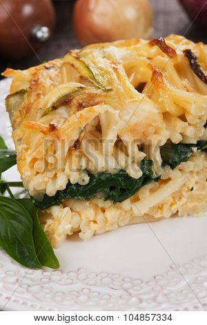 Pasticcio or pastitsio with chard and zucchini, italian baked pasta