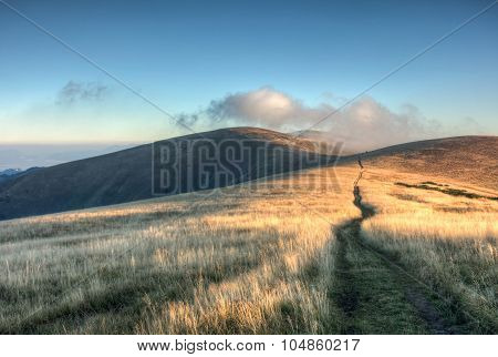 Way Through The Sunrise On Mountain Grassy Ridge