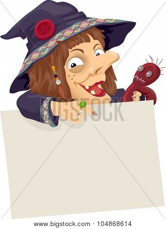 Illustration of a Witch Holding a Voodoo Doll Pointing to a Board