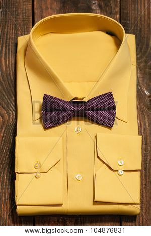 Yellow Men's Shirt With  Marsala Bowtie