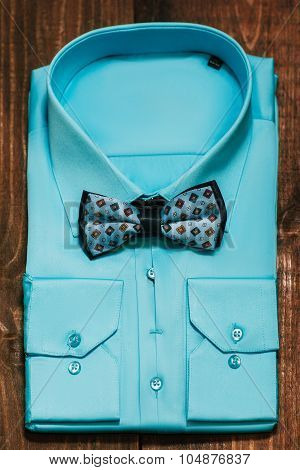 Stylish  Bright Blue  Men's Shirt With  Blue Bowtie