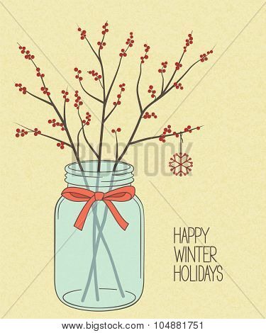 Holly Twigs In Mason Jar