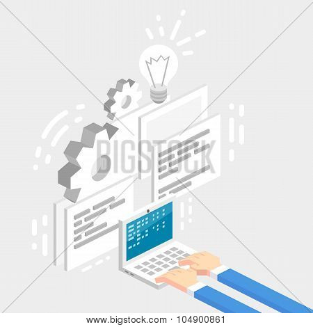 Isometric Vector Illustration Of A Businessman In A Blue Suit, Working On A Laptop.