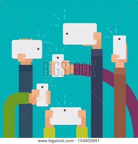 Vector Flat Illustration Of Hands Holding Smartphones And Tablets Taking A Group Selfie