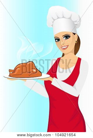 smiling happy cook with baked chicken