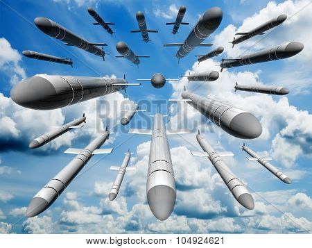 Cruise Missiles Flying Against The Clouds