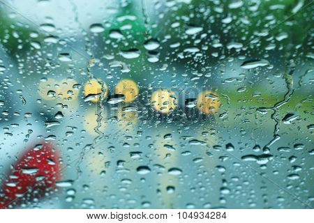 Bad weather, Car headlights. cars in motion. Traffic in poor visibility