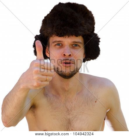 Nude Man In Fur Hat Shows Thumb
