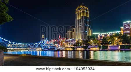 Beautiful Night View Of The Haihe River In Tianjin , China