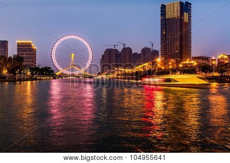 Beautiful Night View Of The Haihe River In Tianjin , China
