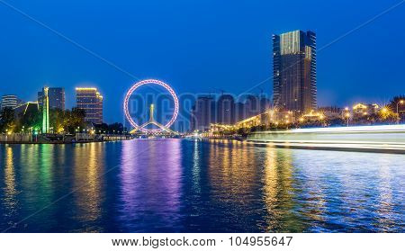 Beautiful Night View Of The Haihe River In Tianjin , China