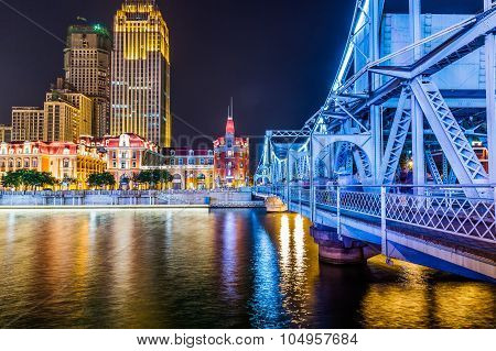 Beautiful Night View Of The Haihe River In Tianjin , China