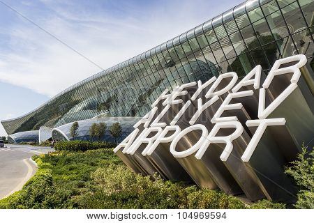 View Of The Heydar Aliyev International Airport Sign, In Baku, Azerbaijan. The Airport Is The Home O